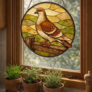 May include: Round stained glass window art featuring a brown and white bird perched on a wooden fence. The background is a landscape of green and yellow fields. The window is hanging from a chain in front of a window.