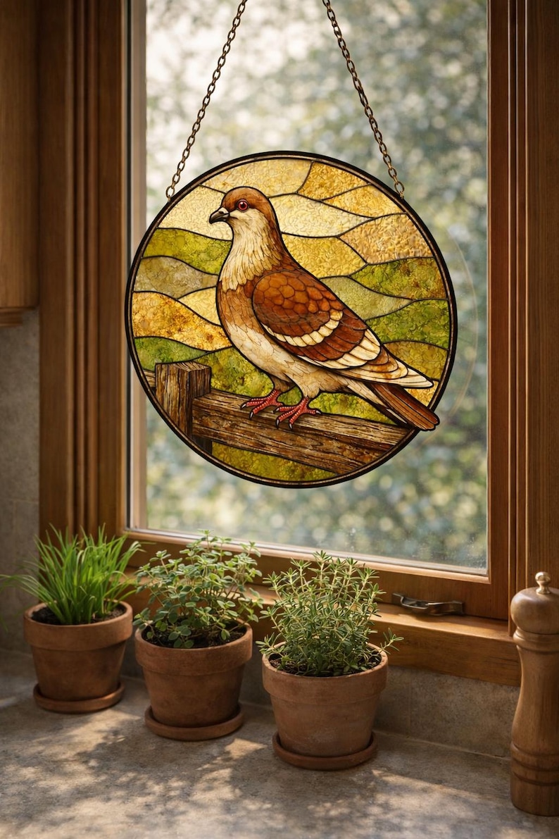 May include: Round stained glass window art featuring a brown and white bird perched on a wooden fence. The background is a landscape of green and yellow fields. The window is hanging from a chain in front of a window.
