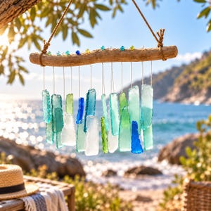 May include: A hanging wind chime featuring a horizontal piece of driftwood suspended by a rope. Attached to the wood are multiple translucent glass shards in shades of blue, green, and white, hanging from thin strings with small colourful beads.