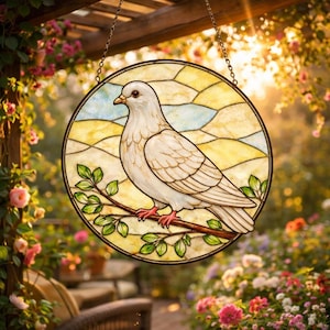 May include: A round stained glass window featuring a white dove perched on a branch with green leaves. The background is a landscape of yellow, blue, and white shapes. The window is framed in a dark brown border and hangs from a chain.