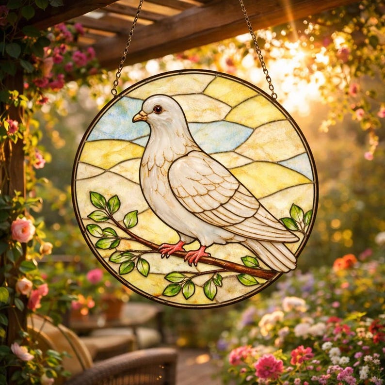 May include: A round stained glass window featuring a white dove perched on a branch with green leaves. The background is a landscape of yellow, blue, and white shapes. The window is framed in a dark brown border and hangs from a chain.