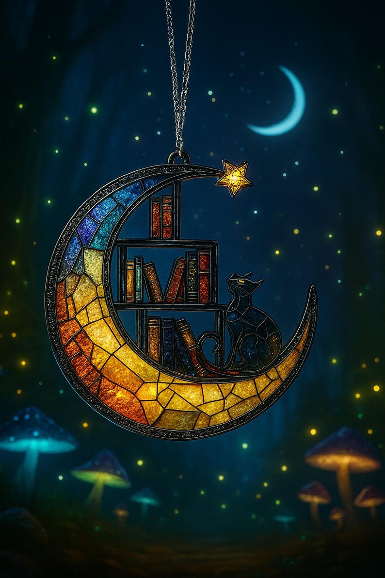 May include: A crescent moon-shaped stained glass suncatcher featuring a bookshelf filled with colorful books and a black cat sitting on the lower curve. A small yellow star hangs from the top, and the piece is suspended by a silver chain.