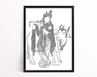 Krishna and Cow Print: Hand-Drawn Hindu Art (Digital Download)