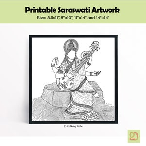 Printable Maa Saraswati Artwork, Hindu Goddess download on phone,