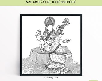 Printable Maa Saraswati Artwork, Hindu Goddess download on phone,