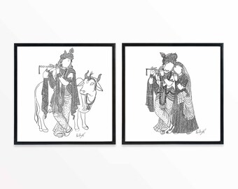 Radha Krishna Indian Art Print Set: Krishna with Cow (Digital Download)