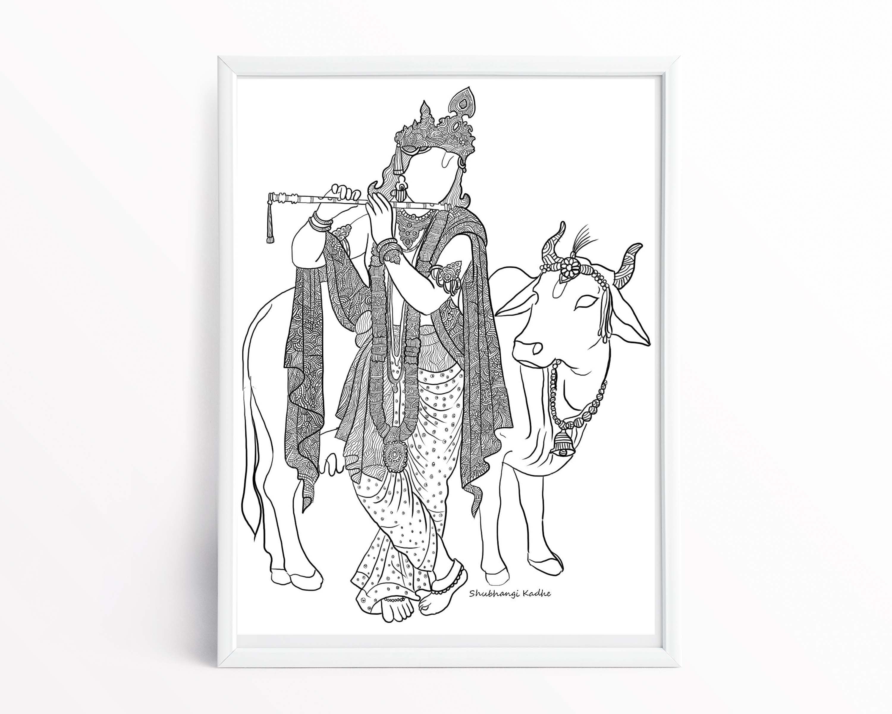 Krishna With Cow Coloring Page, Artistic Original, Hare Krishna Artwork - Etsy