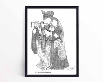 Radha Krishna Line Art Print: Hindu God Home Decor (Digital Download)