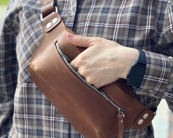 Leather belt bag, Waist bag leather, Handmade bag, Brown fanny pack, Mens leather bag, Crossbody belt bag