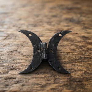 May include: A black metal butterfly hinge with a textured, dark finish. The hinge features two symmetrical, curved wings, each containing two circular screw holes. A central cylindrical barrel connects the two halves, allowing for movement.