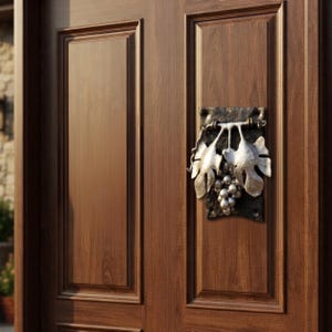 May include: A dark brown wooden door featuring a rectangular panel with a decorative metal door knocker. The knocker is a dark rectangular plate adorned with a silver-toned metal sculpture of a grape cluster with large, textured leaves.