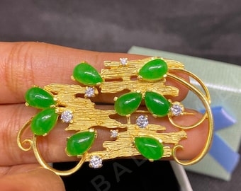 Handmade Jade Brooch: 14k Yellow Gold Finish, Victorian Style