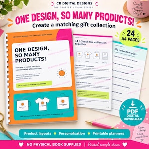 Może przedstawiać: Cyfrowy przewodnik zatytułowany One Design, So Many Products! zawierający 24 strony A4 i planery do druku. Okładka przedstawia grafikę słońca na kubku, koszulce i torbie. Zawiera arkusz planowania kolekcji oraz różowy długopis na biurku.