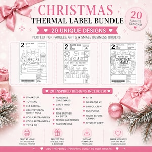 May include: A digital bundle of 20 Christmas thermal label designs featuring festive graphics and text. The labels include themes like Special Delivery, Santa Mail, and Christmas Mail, with placeholders for recipient details and barcodes for thermal printers.