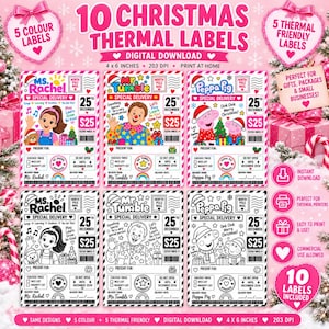 May include: A digital download set of 10 Christmas thermal labels measuring 4 x 6 inches. The collection includes five colour and five black and white designs featuring Ms. Rachel, Mr. Tumble, and Peppa Pig with North Pole mail graphics.