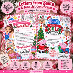 May include: Two printable A4 size Christmas stationery sheets featuring Ms. Rachel and Peppa Pig themes. The designs include Santa Claus letters and Nice List certificates with colorful holiday graphics, North Pole stamps, and text for children.