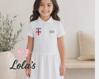 Personalised Kids Football Dress | Custom Name Polo Dress | Any Team Badge Shirt Dress | Girls Football Outfit | England, Scotland & More