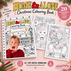 以下が含まれることがあります： 20ページのホーム・アローン・クリスマス塗り絵。表紙には、顔に手を当てた少年、家、Wet Bandits Plumbing & Heatingと書かれたバン、Merry Christmas Ya Filthy Animalなどのテキストが描かれています。A4 PDFダウンロードが含まれています。