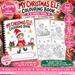 Peut inclure: Un livre de coloriage numérique de lutin de Noël de 21 pages au total, avec une couverture colorée montrant un lutin sur un banc et 20 pages en noir et blanc avec des lutins, des jouets et des rennes. Texte My Christmas Elf Colouring Book.
