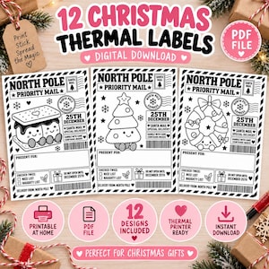 May include: A digital download set of 12 Christmas thermal labels featuring black and white line art designs. Each label includes North Pole Priority Mail text, a space for recipient names, and holiday graphics like a s'more, tree, and wreath.