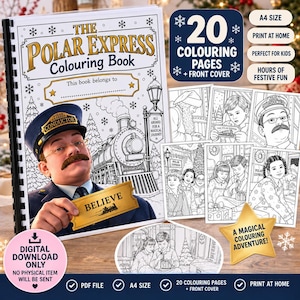 May include: A digital Polar Express colouring book with a spiral binding, featuring a conductor holding a gold ticket that says BELIEVE. The cover shows a train and snowflakes. Includes 20 colouring pages, A4 size, for home printing.