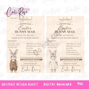 May include: Two Easter Bunny Mail digital designs. Each features a vintage-style ticket with a bunny illustration, delivery details, and the text "Easter Bunny Mail." The designs include a bunny in overalls and one in a dress.