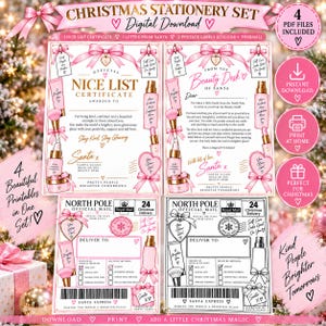 Könnte beinhalten: Ein Weihnachts-Briefpapier-Set mit einem Zertifikat für die Liste der Braven, einem Brief vom Weihnachtsmann und zwei Versandetiketten. Die Designs zeigen rosa Schleifen, Illustrationen von Kosmetikprodukten und Text wie Official Nice List Certificate.