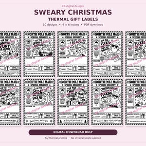 Op de afbeelding: Een set van tien zwart-witte, printbare thermische cadeaulabels met de titel North Pole Mail Special Delivery. Elk rechthoekig label bevat feestelijke illustraties, expliciete tekst, een bezorgsectie en selectievakjes voor de status.