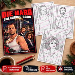 Peut inclure: Un livre de coloriage Die Hard avec une couverture illustrée d'une scène de film et trois pages de coloriage en noir et blanc. La couverture affiche le titre Die Hard Colouring Book, un gratte-ciel et trois personnages. Contient 20 pages.