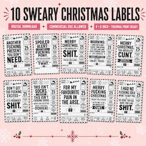 May include: A set of 10 rectangular Christmas gift labels with black text on a white background. Each label features a unique humorous phrase, a Santa icon, a 25 Dec date stamp, and a space for recipient names. The design includes a border of diagonal stripes.