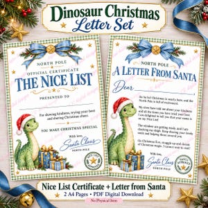 May include: A Dinosaur Christmas Letter Set featuring two documents with green gingham borders. Each page displays a green dinosaur wearing a Santa hat, blue gift boxes, and blue bows. Text includes North Pole, The Nice List, and A Letter From Santa.