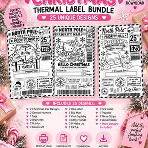 Könnte beinhalten: Eine digitale Sammlung von 25 weihnachtlichen Thermolabel-Designs mit schwarz-weißen Grafiken auf rosa Hintergrund. Die Etiketten enthalten Texte wie North Pole Priority Mail, Santa Claus und verschiedene Charakterillustrationen für Pakete.