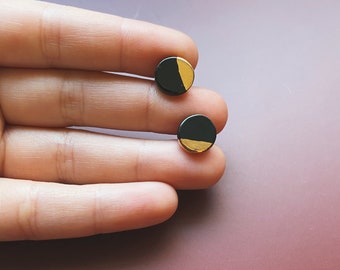 Black and Gold Round Earrings/Circle ceramic earrings/minimalist earrings