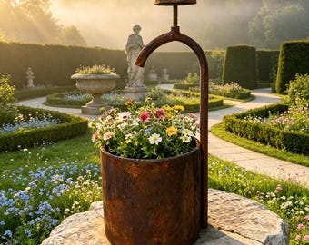Rusted Iron Garden Planter, Vintage Faucet Tall Metal Flower Pot, Antique English Yard Shabby Chalet Art Ornament, Summer Gift for Gardener