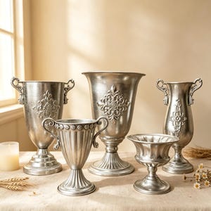 Könnte beinhalten: Eine Sammlung von fünf silberfarbenen Metallurnen und Vasen in verschiedenen Höhen und Formen. Jedes Stück verfügt über einen Sockelfuß und verzierte Prägungen, wobei einige Designs seitliche Griffe und geriffelte Ränder in Metallic-Optik aufweisen.