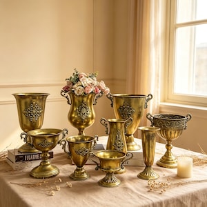 May include: A collection of antique-style gold-toned metal urns and vases of varying shapes and sizes, featuring ornate embossed detailing, pedestal bases, and side handles, with one urn containing a bouquet of pink and white artificial roses.