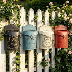 Peut inclure: Quatre boîtes aux lettres murales en métal noir, bleu, crème et rouge, chacune dotée d'un couvercle supérieur incurvé, du mot POST en relief doré et d'une couronne florale décorative entourant le texte, fixées sur une clôture en bois blanc.