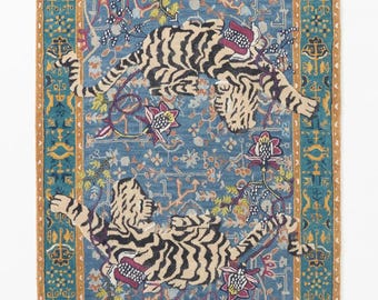 Handmade Agnes Tiger Blue Tufted Wool Area Rug For Bedroom Livingroom Office Kitchen Nursery Entryway Modern 5x8, 8x10, 9x12, 12x15 Rug