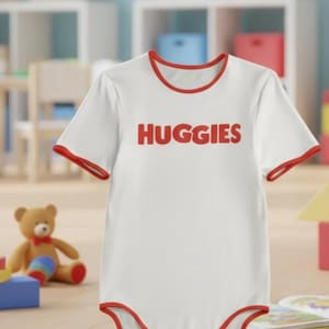 May include: White baby bodysuit with red trim and the word "HUGGIES" in red block letters. The bodysuit has short sleeves and poppers at the bottom. The background includes toys, suggesting a nursery or playroom setting.