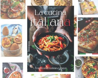 May include: A cookbook titled "La cucina italiana" with various Italian dishes arranged around it. The dishes include pasta, pizza, and other traditional Italian cuisine. The cover features a bowl of spaghetti.