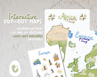 May include: A display of interactive cut-out maps for Europe and Africa. The maps are printed on white paper with green and brown illustrations. Included are A3 and A4 versions with cut-out pictures. The text "Interactive Cut-Out Maps" is visible.