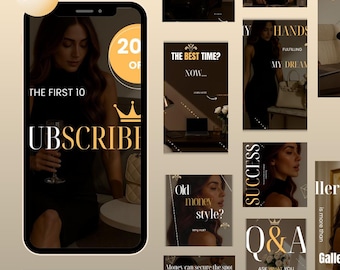 Peut inclure: Graphique numérique avec une femme tenant un verre de vin, avec le texte "UBSCRIBI" et "THE FIRST 10". D'autres graphiques incluent le texte "SUCCESS", "Q&A" et "THE BEST TIME? NOW..." avec des icônes de médias sociaux en bas.