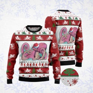 Puede incluir: Un suéter de punto de manga larga con un patrón festivo en rojo y blanco, que presenta un gráfico central de un pulpo rosa con un gorro de Papá Noel. El diseño incluye motivos repetidos de pequeños pulpos blancos, pinos verdes y calcetines rojos.