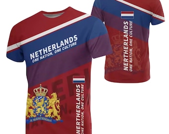 Netherlands One Nation One Culture T Shirt, Dutch Flag Crest Tee, Red Blue Royal Coat Of Arms Top, Holland Fan Unisex Gift, Supporter Tee