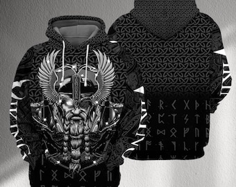 Norse Viking Odin Hoodie with Runes, Winged Helmet Warrior Sweatshirt, Black Celtic Knot 3D All Over Print Pullover for Men Women Gift