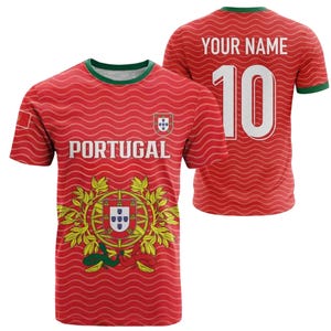 Personalized Portugal Jersey Shirt Custom Name Number Tee, Red Wave Pattern Fan Shirt, Portugal Crest Soccer Gift for Men Women Unisex