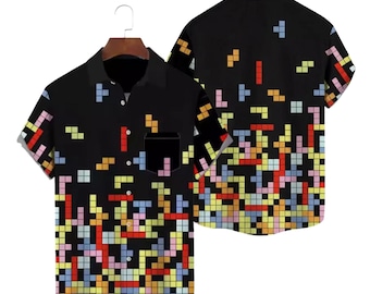 Retro Block Puzzle Hawaiian Shirt for Men, Gamer Button Up, Colorful Pixel Print Beach Shirt, Funny Vacation Party Resort Wear Top