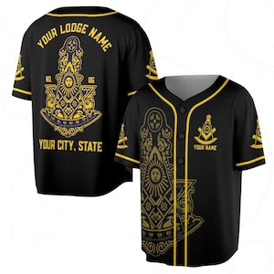 May include: Black baseball jersey with yellow trim and buttons. The jersey features a Masonic emblem in gold on the front and back, with text that reads "YOUR LODGE NAME" and "YOUR CITY, STATE". The jersey also has the text "YOUR NAME".