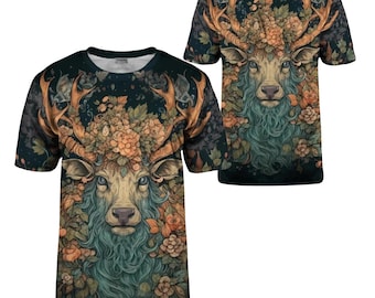 Vintage Hirsch Shirt, Wald Hirsch All Over Print T-Shirt, Boho Geweih Kunst T-Shirt, Unisex Natur Grafik Top Geschenk für Waldliebhaber