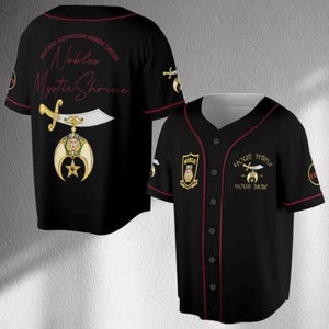 Nobles Mystic Shrine Custom Baseball Jersey, Personalized Temple Name and Your Name, Masonic Shriner Emblem Black Button Front